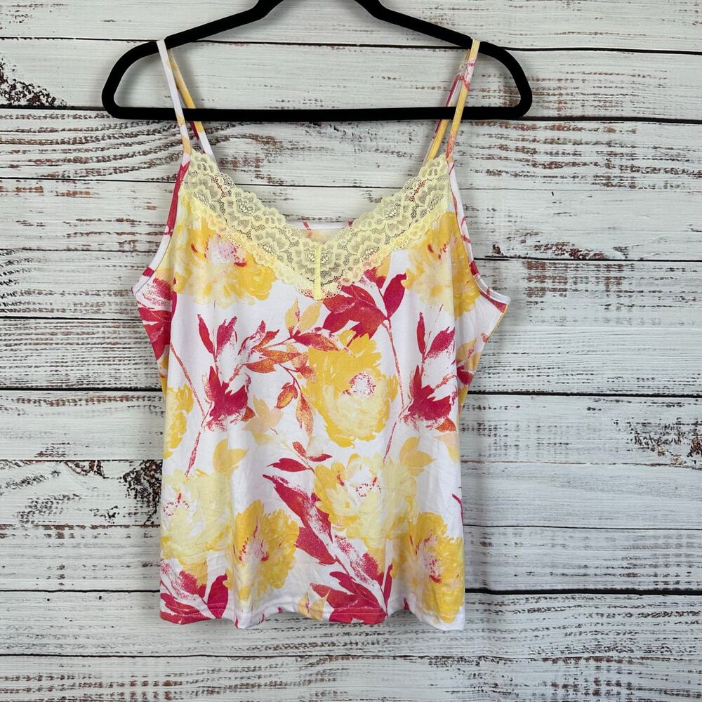 Womens BCBG Max Azria Yellow Pink Floral 90s Y2K Cami Tank Top Lace Babydoll L